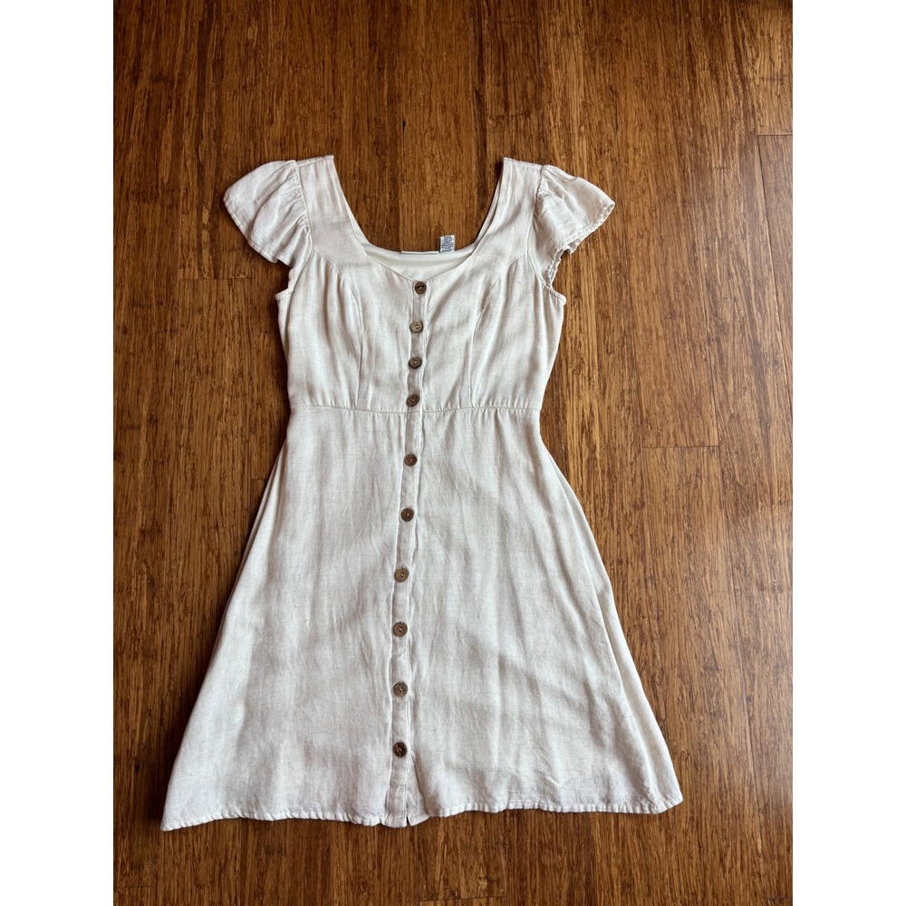 Sincerely Jules Women Cream Linen Blend Button Front Flutter Sleeve Mini Dress S